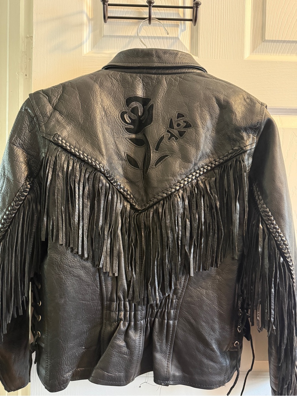 Black Leather Fringe Jacket with Floral Cutout Detail